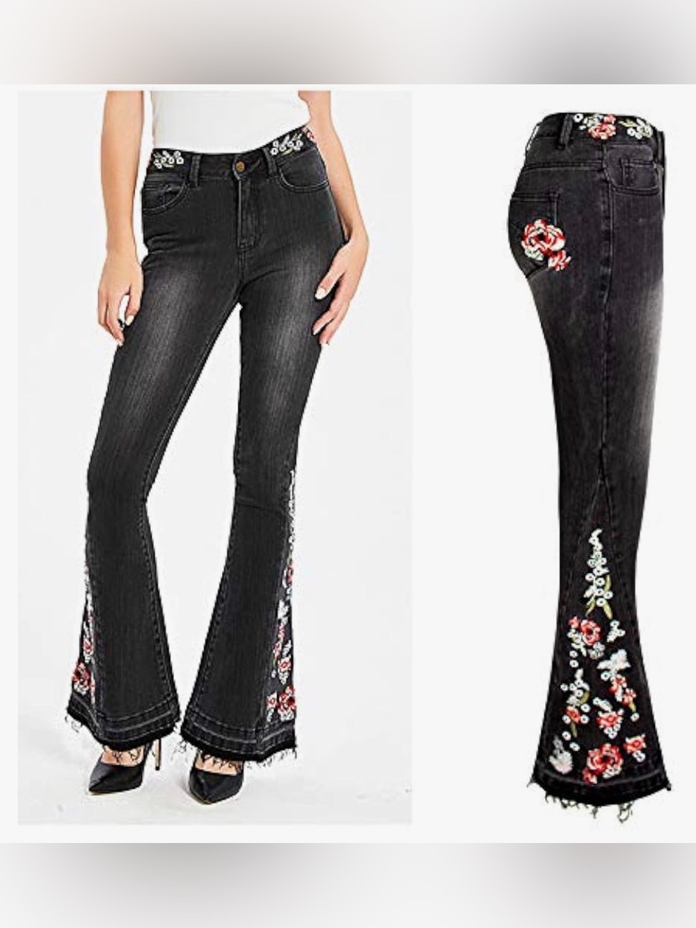 🌸 Black Floral Embroidered Flare Jeans - Women